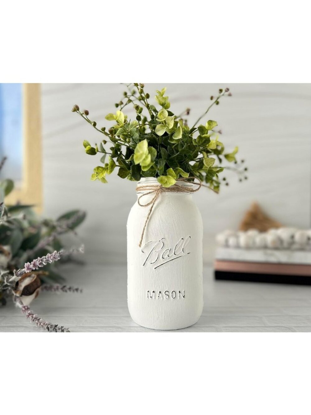 Rustic Farmhouse Mason Jar Centerpiece with Flowers | 10" Dining Table Decor - Picture 3 of 8